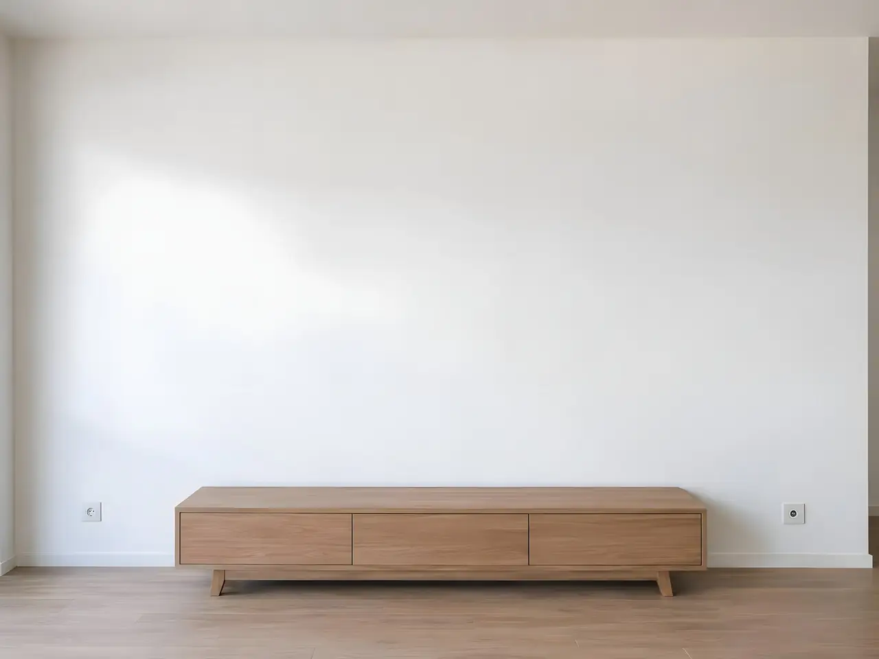 Mur blanc de séjour lisse et uniforme au-dessus d'un meuble bas en bois vide, deux prises au ras du parquet