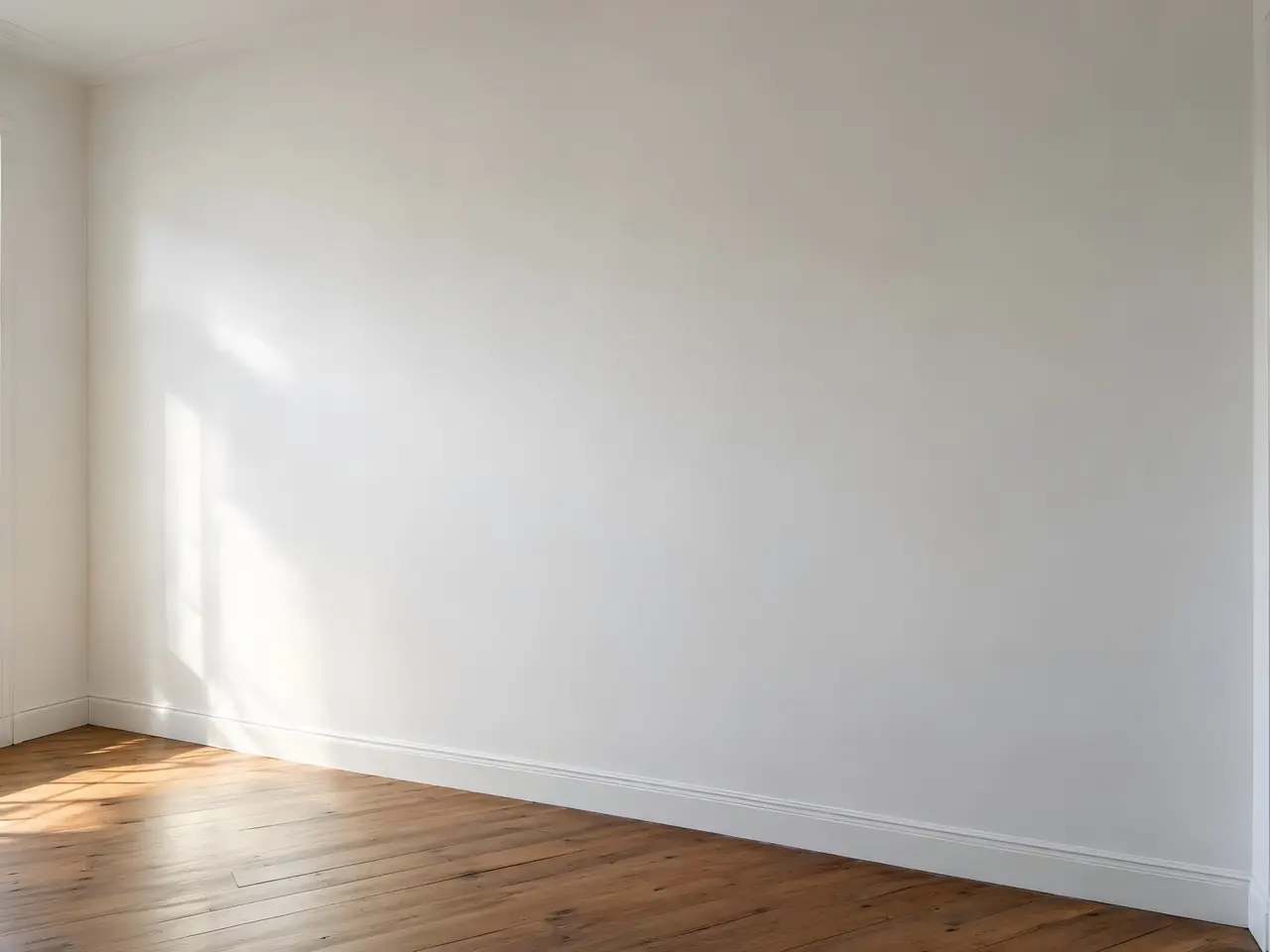 Mur de chambre ancien peint en blanc mat, plan et lisse sous la lumière rasante, au-dessus d'un vieux parquet