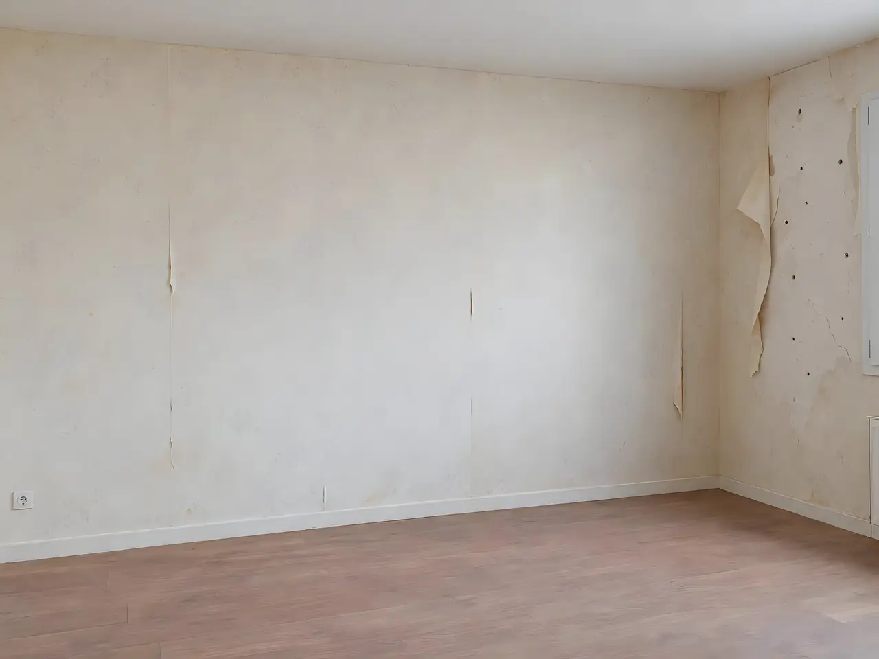 Mur de chambre au vieux papier peint jauni et décollé par endroits, lambeaux qui pendent dans l'angle