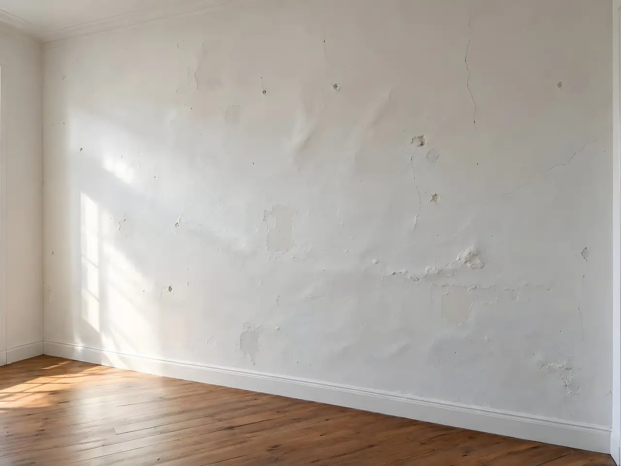 Mur de chambre ancien en lumière rasante, bosselé, couvert de reprises d'enduit, de petits trous et de fissures fines