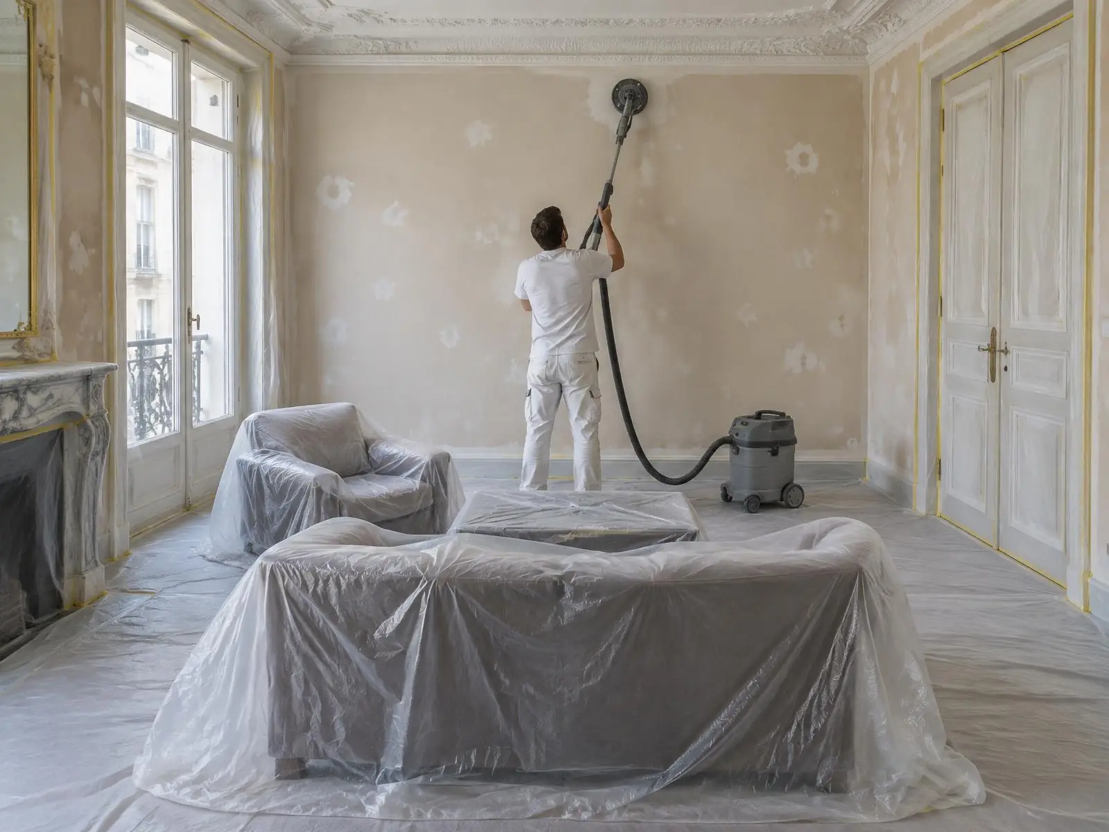 Peintre ponçant à la girafe reliée à un aspirateur un mur rebouché, dans un salon ancien aux meubles bâchés