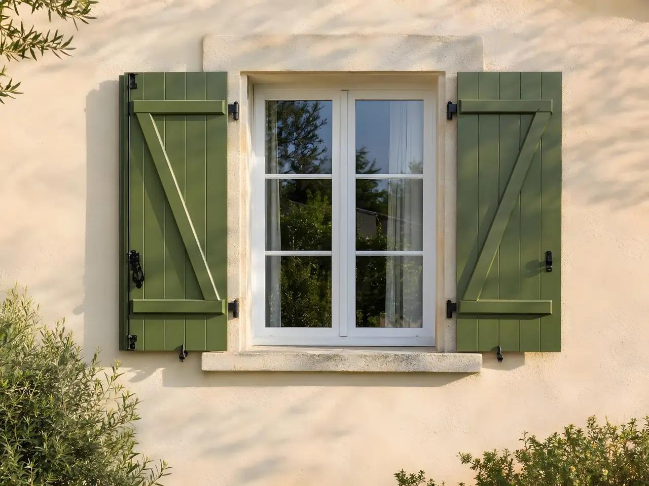 Volets battants en bois à écharpe en Z repeints vert olive satiné, ferrures noires, sur une façade enduite crème
