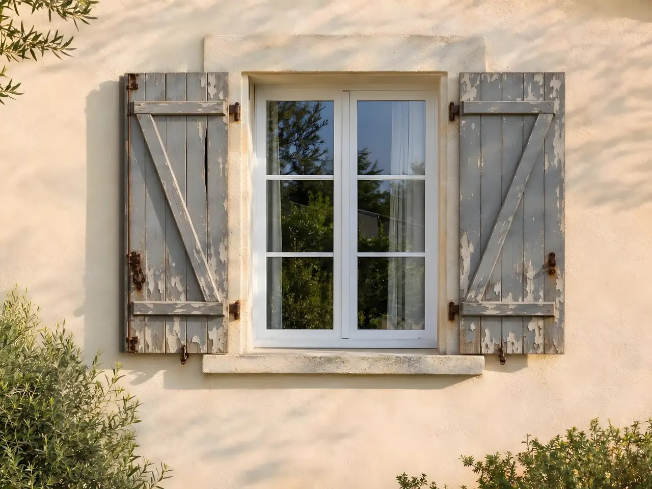 Volets battants en bois à écharpe en Z, peinture grise délavée et écaillée, ferrures rouillées sur une façade crème