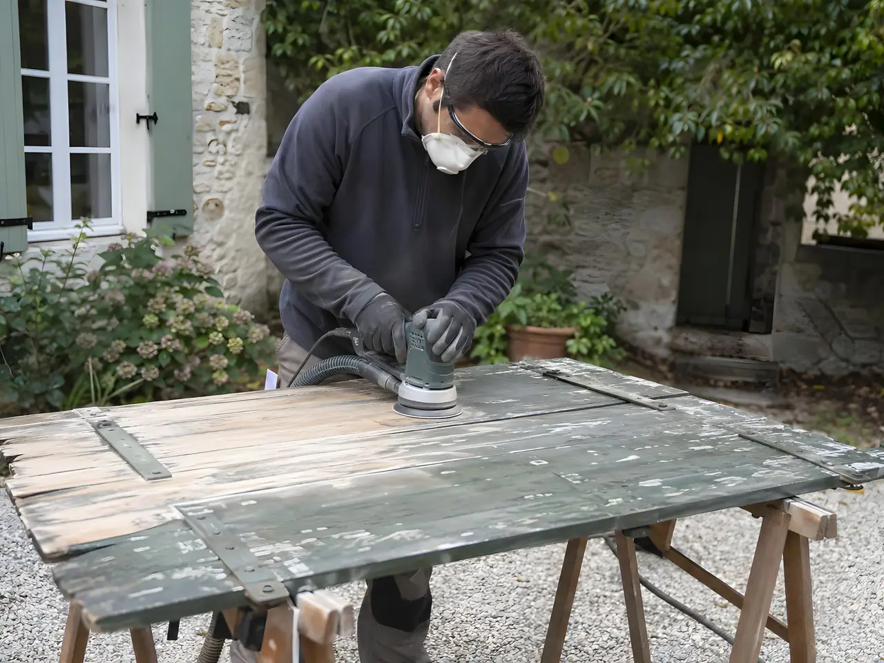 Peintre masqué qui ponce à la ponceuse orbitale un vieux volet en bois vert écaillé posé sur des tréteaux dans la cour