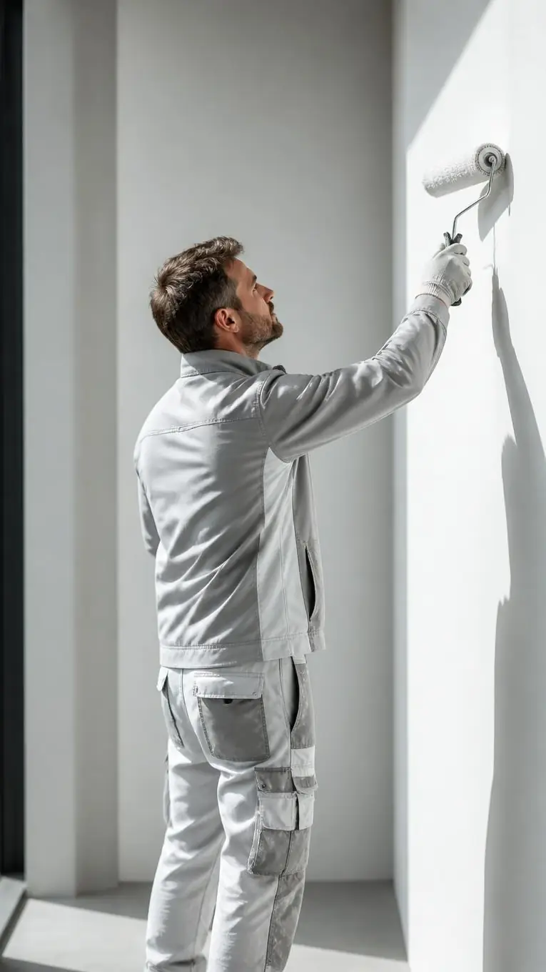 Peintre en tenue grise qui passe une peinture blanche au rouleau en haut d’un mur, au soleil