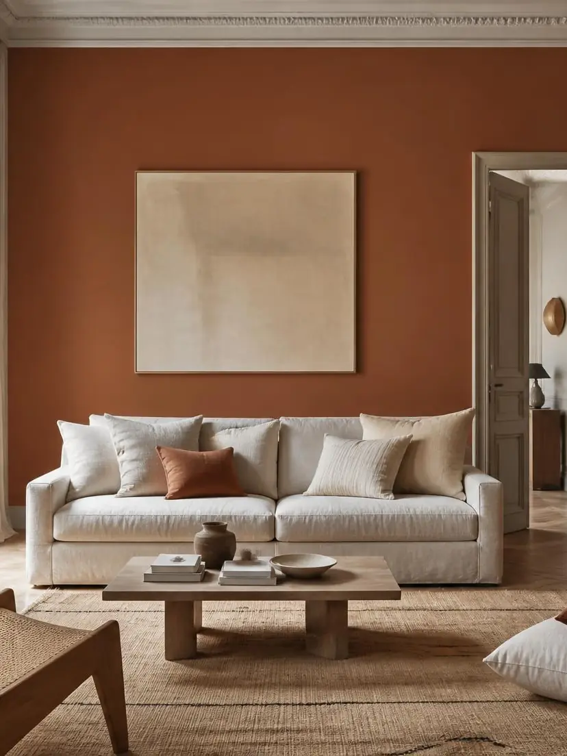 Salon aux murs terracotta unis, corniche et portes blanches, canapé clair et parquet à bâtons rompus