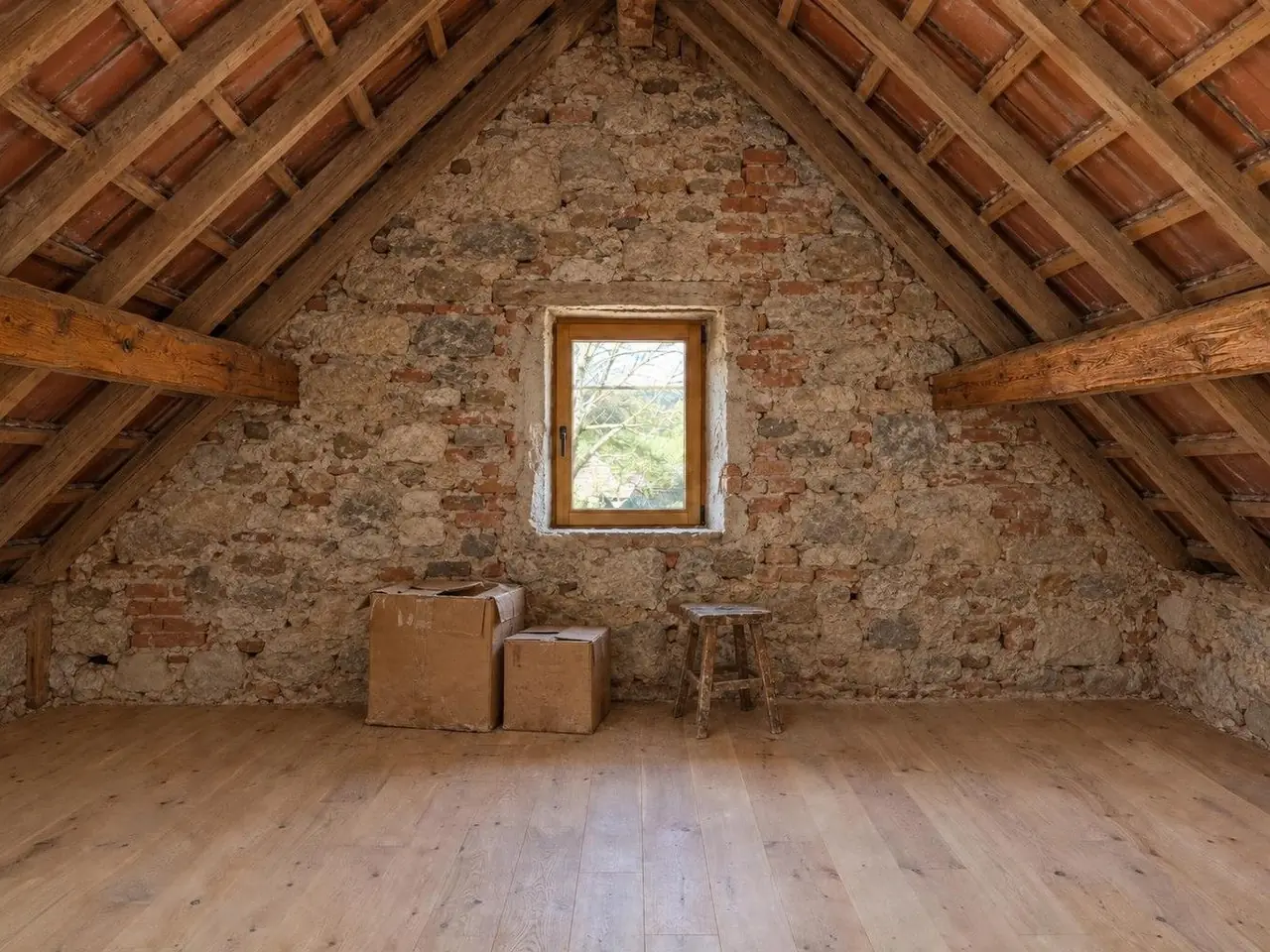 Pignon de grenier en pierres et briques mêlées autour d'une petite fenêtre en bois, chevrons et tuiles visibles