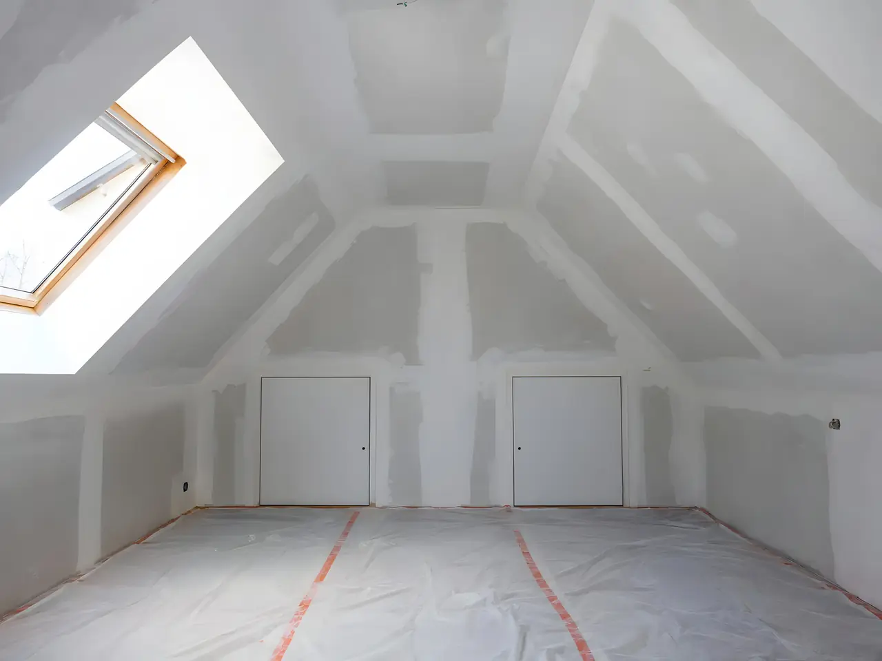 Chambre sous les toits aux plaques posées et joints enduits, fenêtre de toit lumineuse et sol bâché
