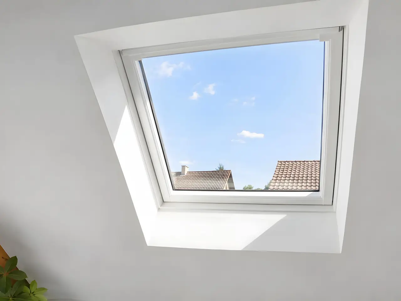 Fenêtre de toit blanche dans un rampant peint en blanc, ouverte sur un ciel bleu et des toits de tuiles