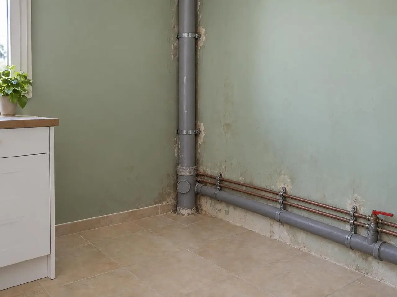 Angle de cuisine aux murs vert sauge, descente d'eau grise et tuyaux de cuivre apparents, mur taché autour