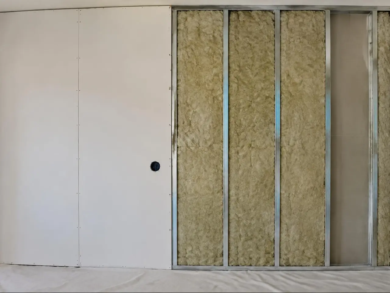 Cloison à moitié fermée : plaques vissées à gauche, laine épaisse entre les montants métal à droite, sol bâché