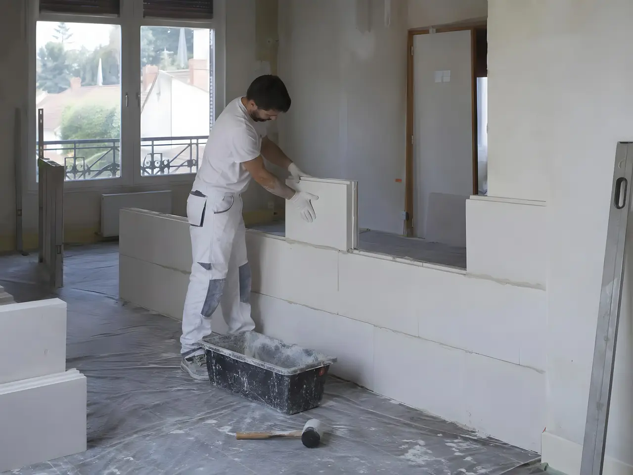 Plâtrier en tenue blanche qui monte une cloison en carreaux de plâtre blancs, auge de colle posée sur le sol bâché