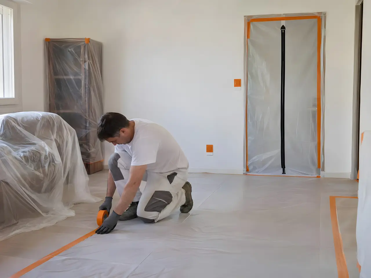 Artisan à genoux qui scotche des bâches au sol, meubles emballés sous plastique et porte fermée par un sas zippé