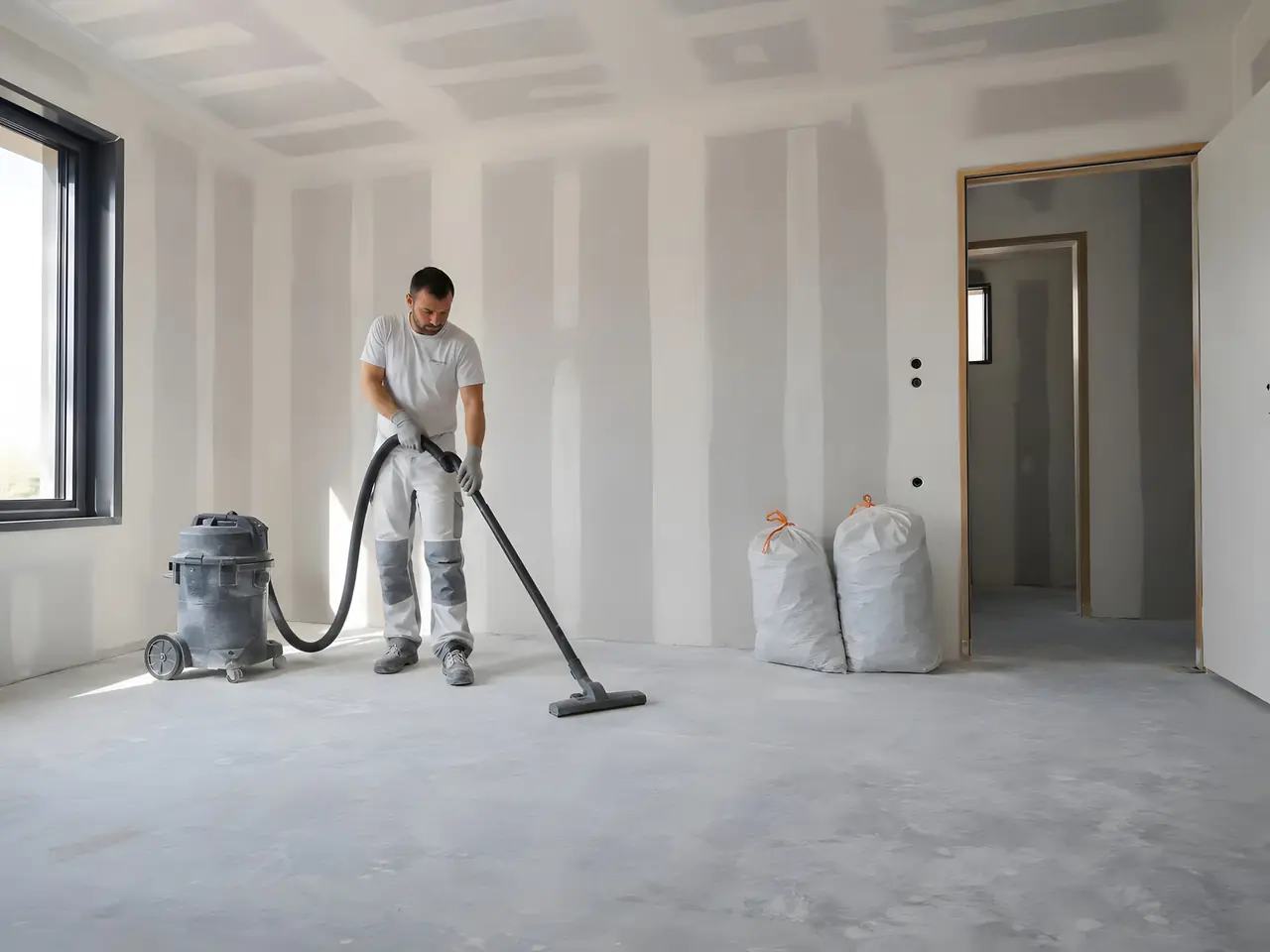 Artisan qui aspire la poussière d'une pièce aux plaques jointées et poncées, sacs de déchets fermés près de la porte