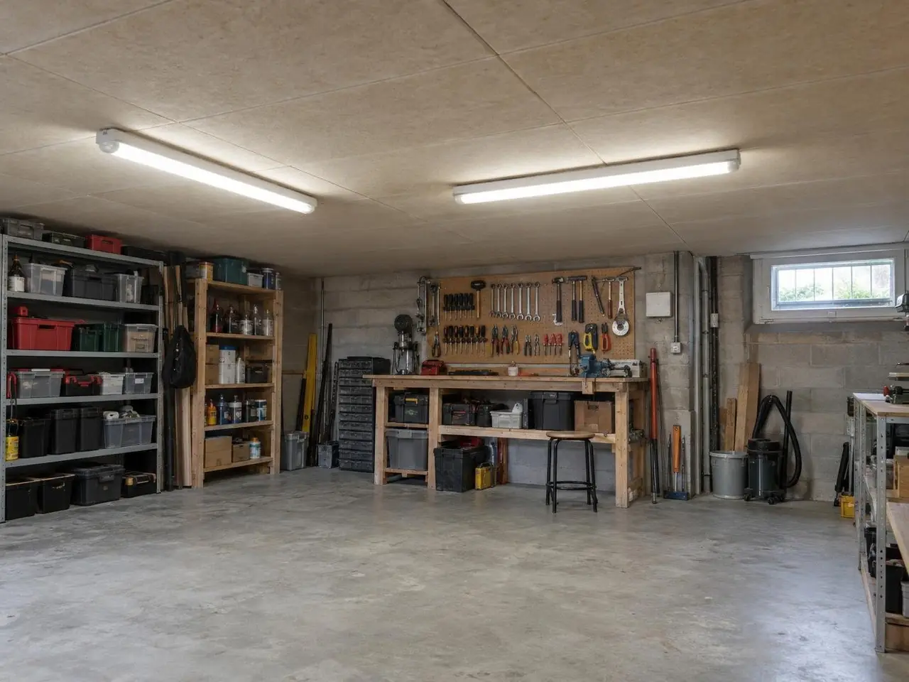Atelier en sous-sol au plafond couvert de panneaux isolants beige clair, réglettes allumées au-dessus de l'établi