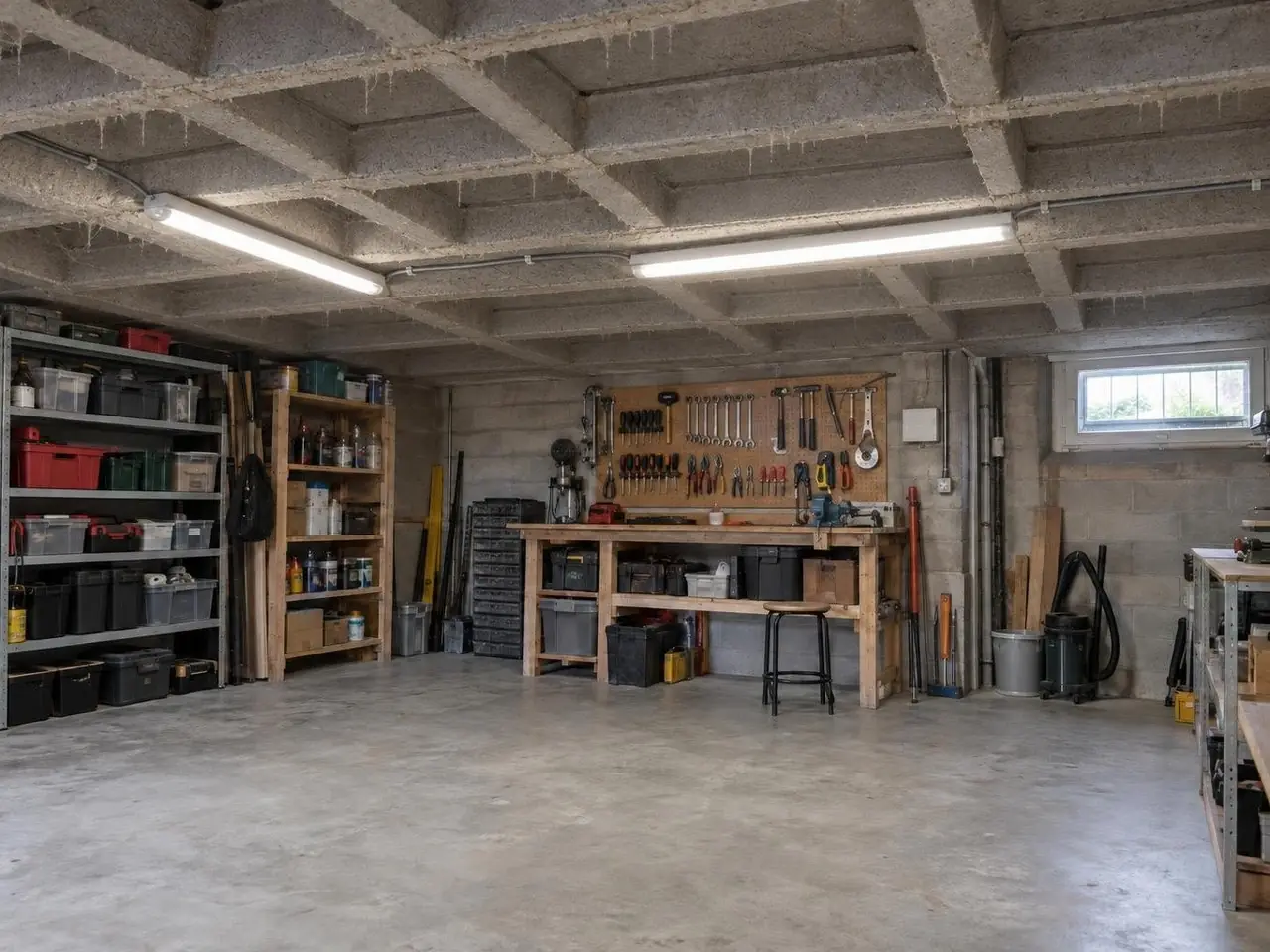 Atelier en sous-sol au plafond de poutrelles et hourdis en béton brut, établi en bois et étagères chargées