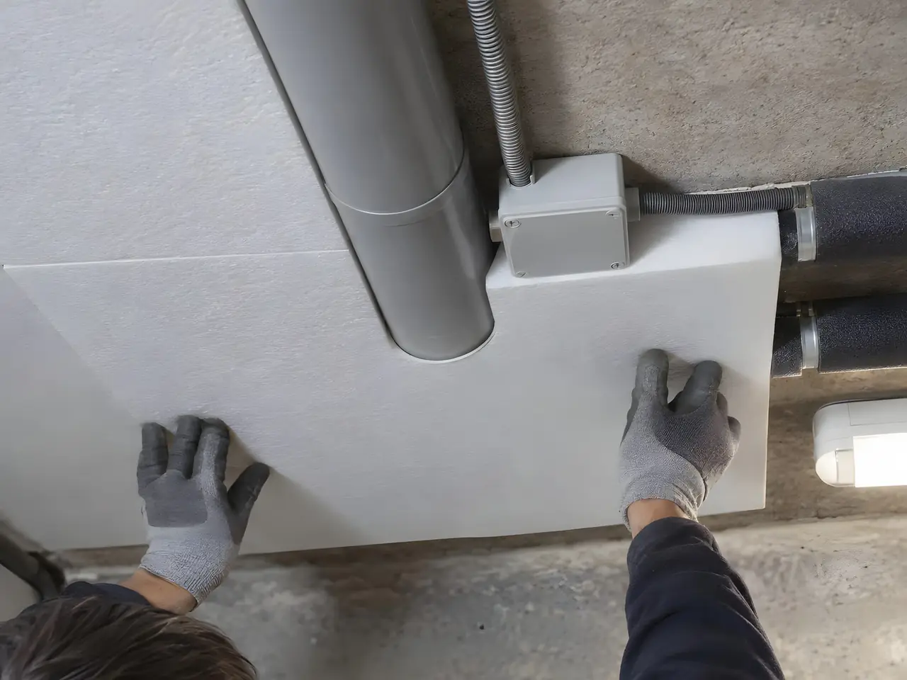 Mains gantées qui ajustent un panneau isolant blanc au plafond en béton, découpé autour d'une gaine et d'un boîtier