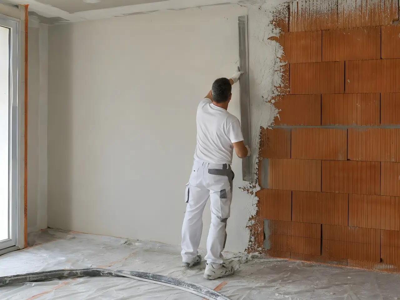 Plâtrier en tenue blanche qui dresse à la règle l'enduit plâtre projeté sur un mur en briques orange