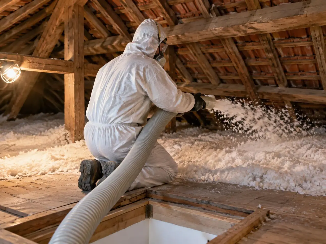 Isolateur masqué en combinaison, à genoux près de la trappe, qui souffle la laine au pied d'une vieille charpente