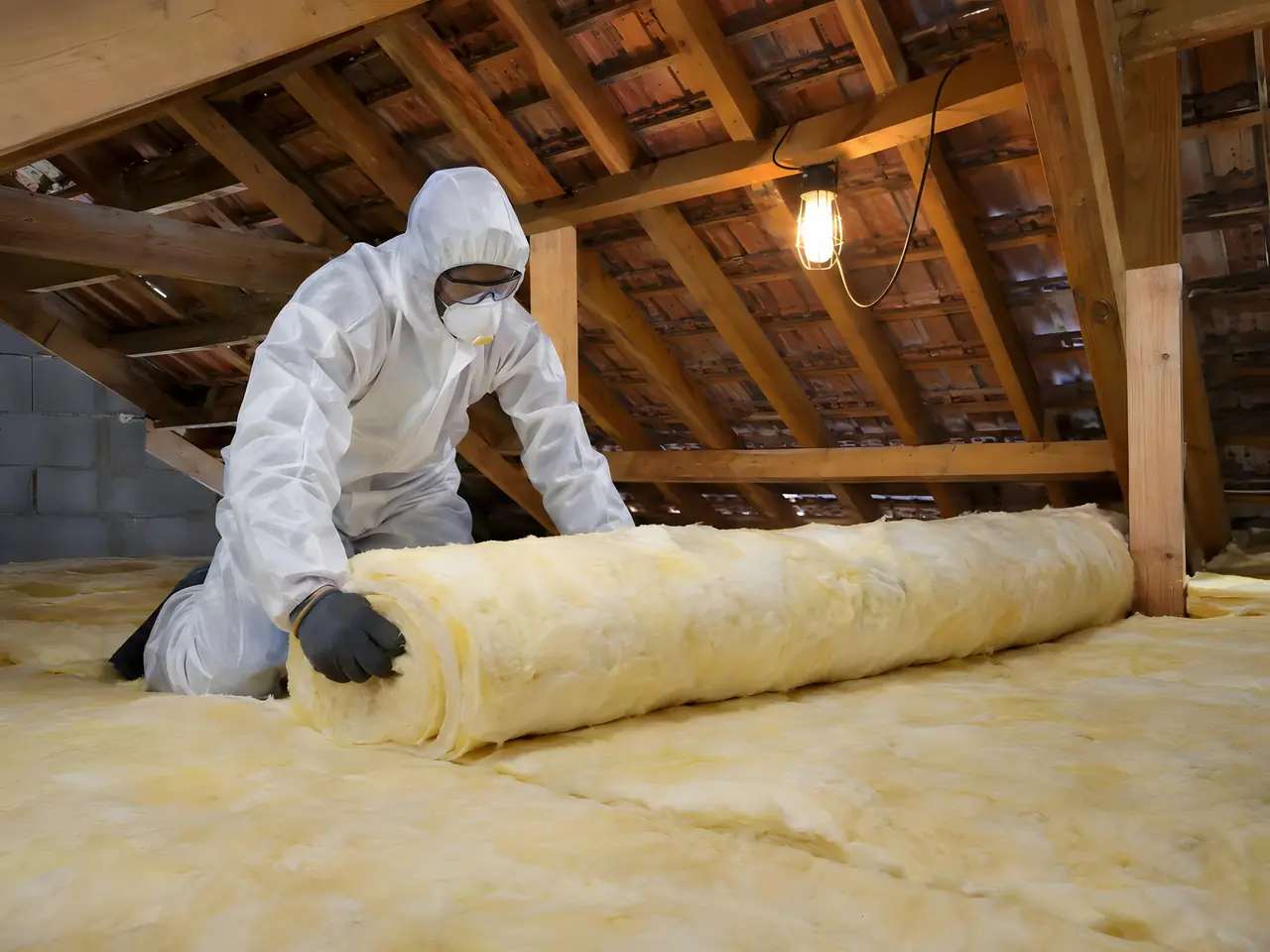 Artisan en combinaison blanche et masque qui déroule un rouleau de laine de verre jaune au sol d'un grenier sous charpente