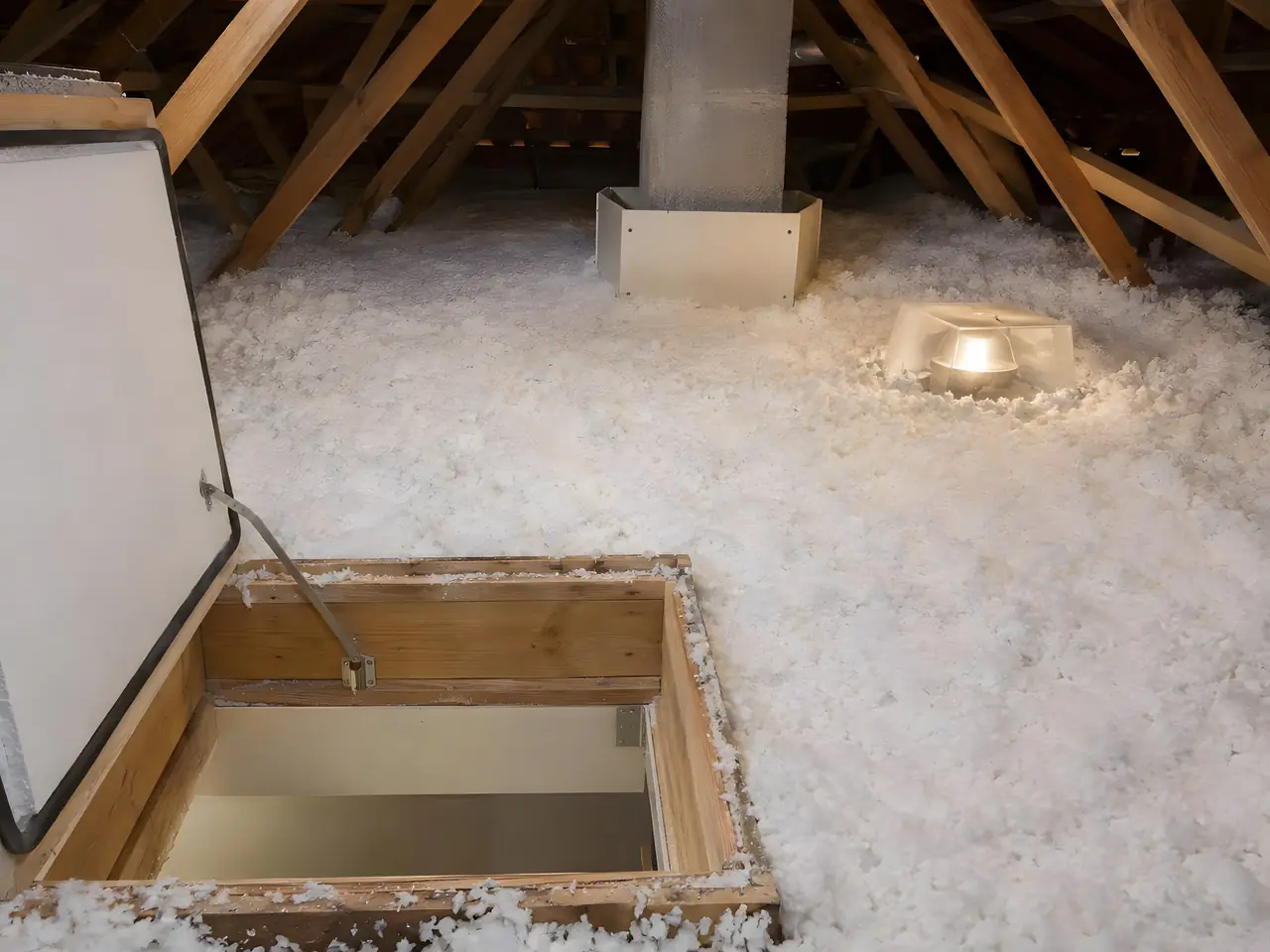 Combles couverts d'une épaisse couche de laine soufflée blanche autour de la trappe d'accès ouverte et d'un conduit