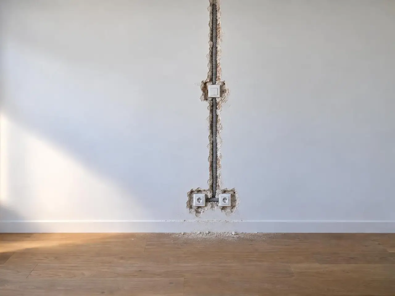 Mur blanc ouvert d'une saignée du plafond à l'interrupteur puis aux prises, plâtre éclaté autour des boîtiers