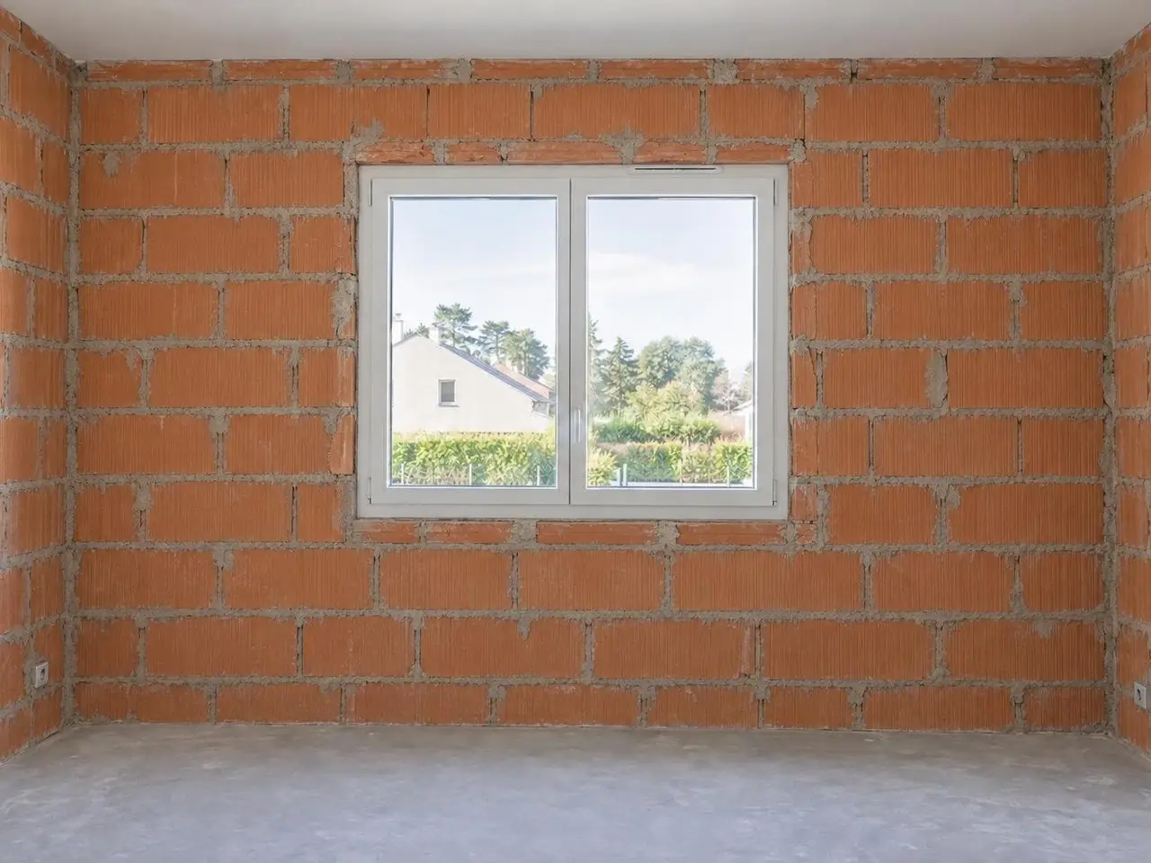 Mur de briques creuses orange aux joints de mortier gris autour d'une fenêtre blanche, chape de béton au sol