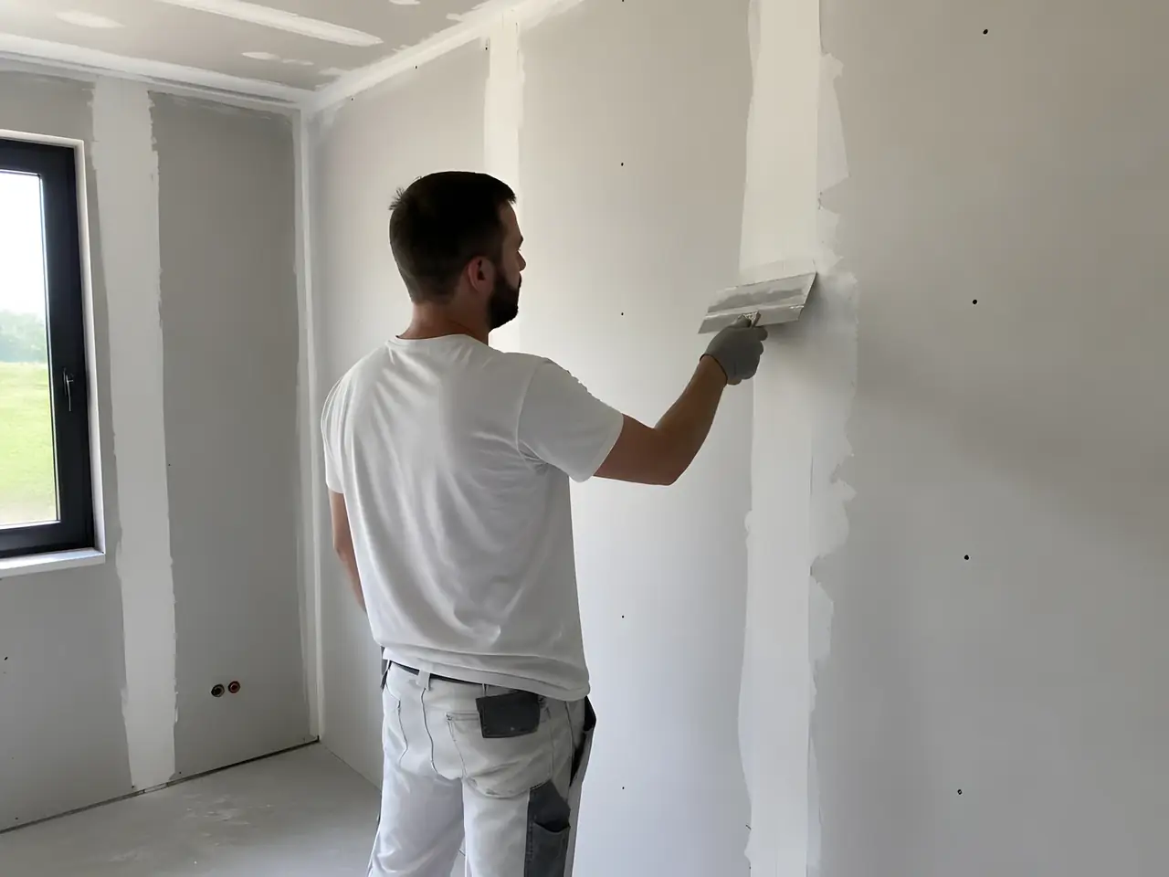 Plaquiste qui serre l'enduit au couteau large sur la bande d'un joint vertical entre deux plaques