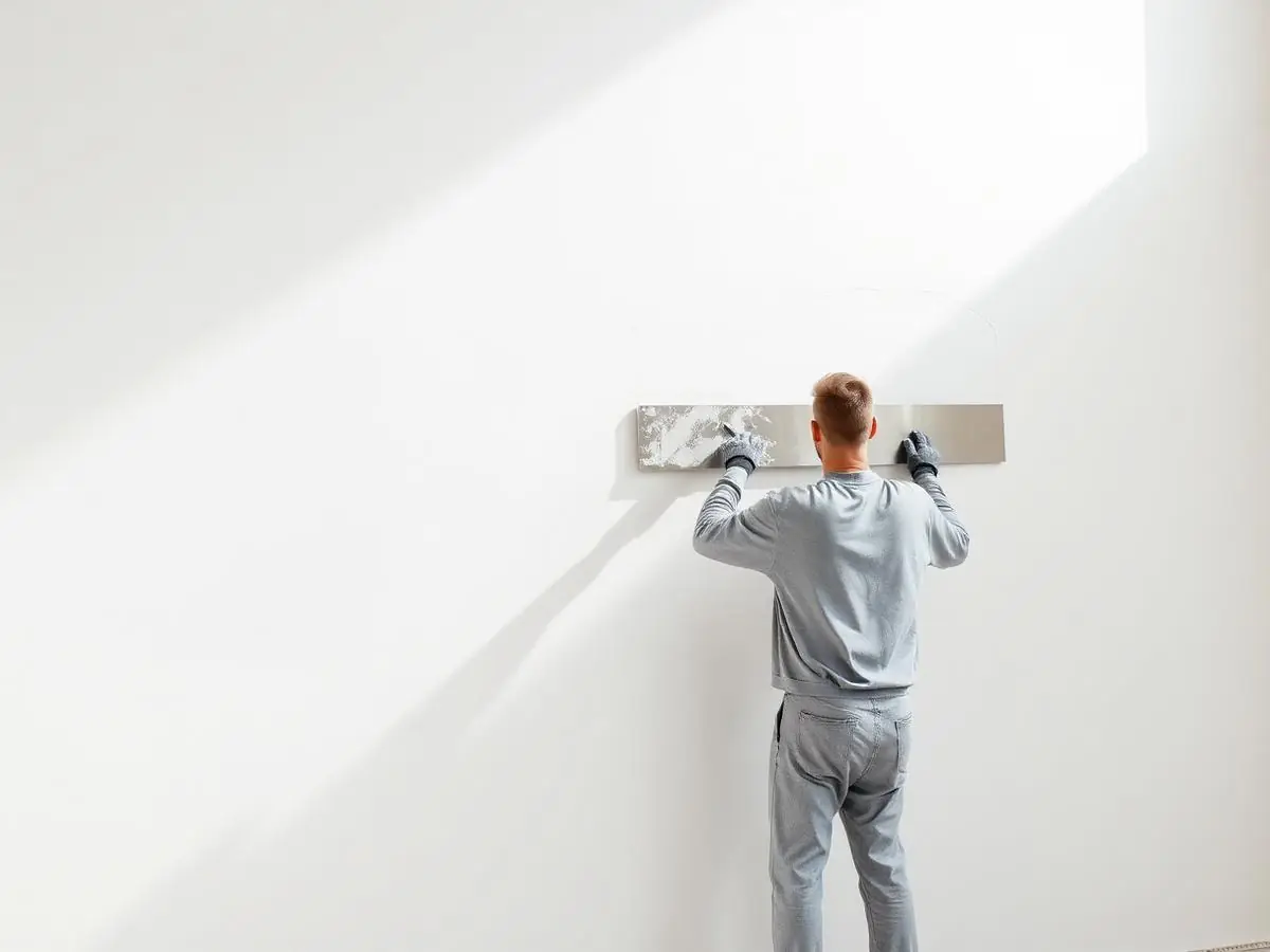 Artisan qui lisse l'enduit sur tout un mur blanc à la grande lame, lumière du jour qui arrive en biais