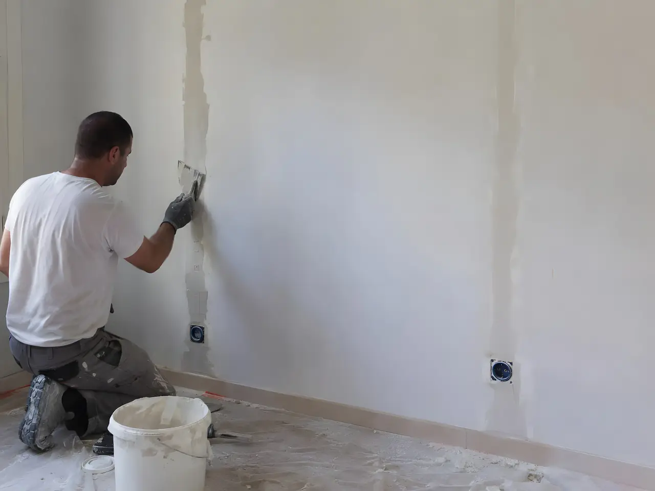 Artisan à genoux qui rebouche à la spatule une saignée verticale dans un mur blanc, seau d'enduit à côté