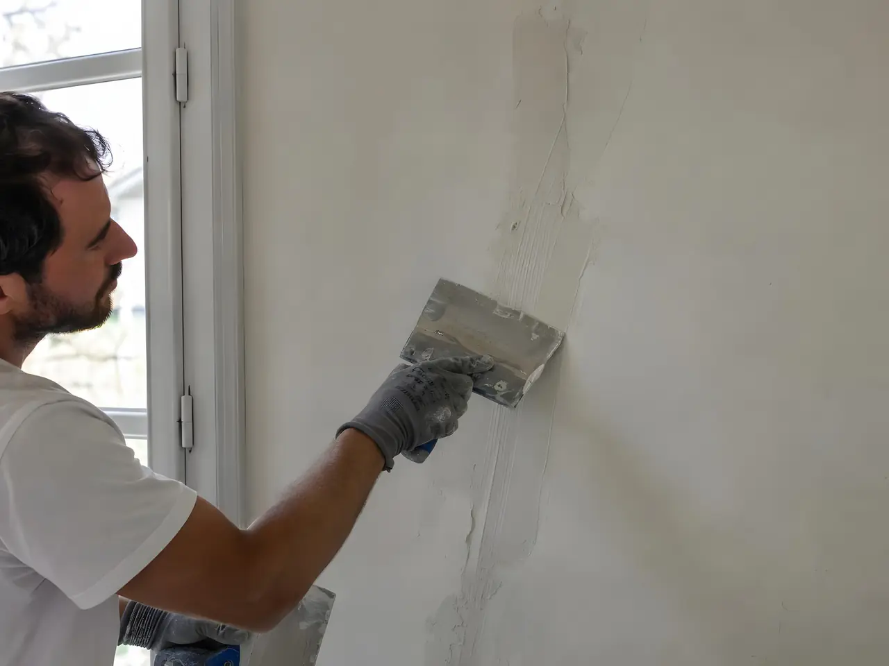 Plâtrier qui rebouche à la spatule une fissure ouverte dans un vieux mur blanc, près d'une fenêtre