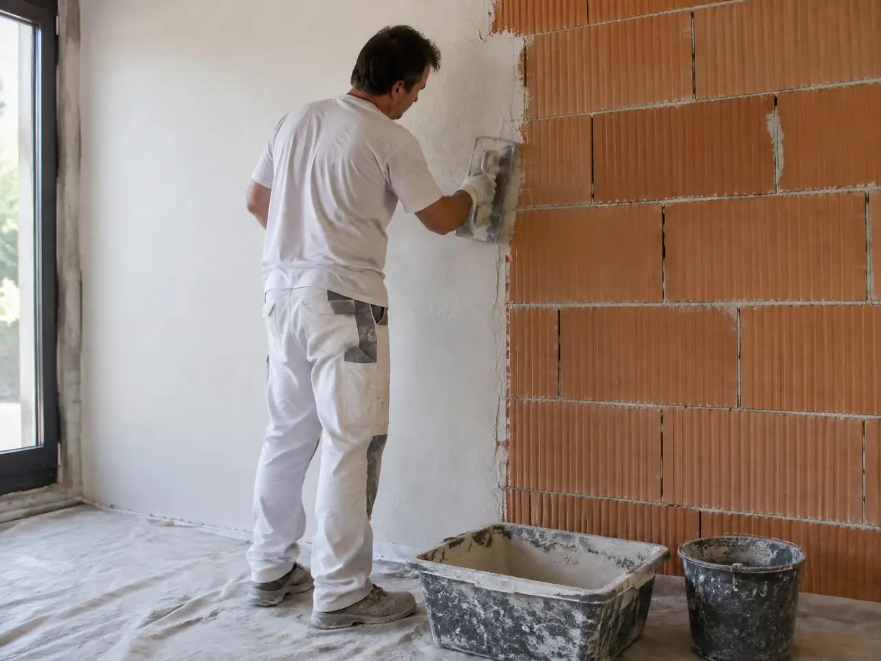 Plâtrier en tenue blanche qui lisse le plâtre au platoir sur un mur de briques, auge et seau au pied du mur