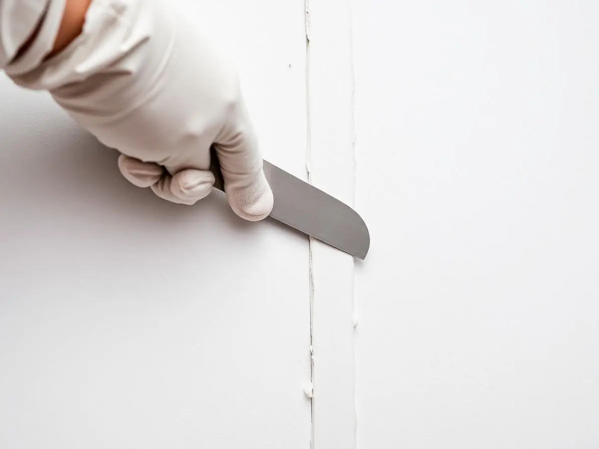 Main gantée qui serre l'enduit au couteau sur la bande d'un joint vertical entre deux plaques