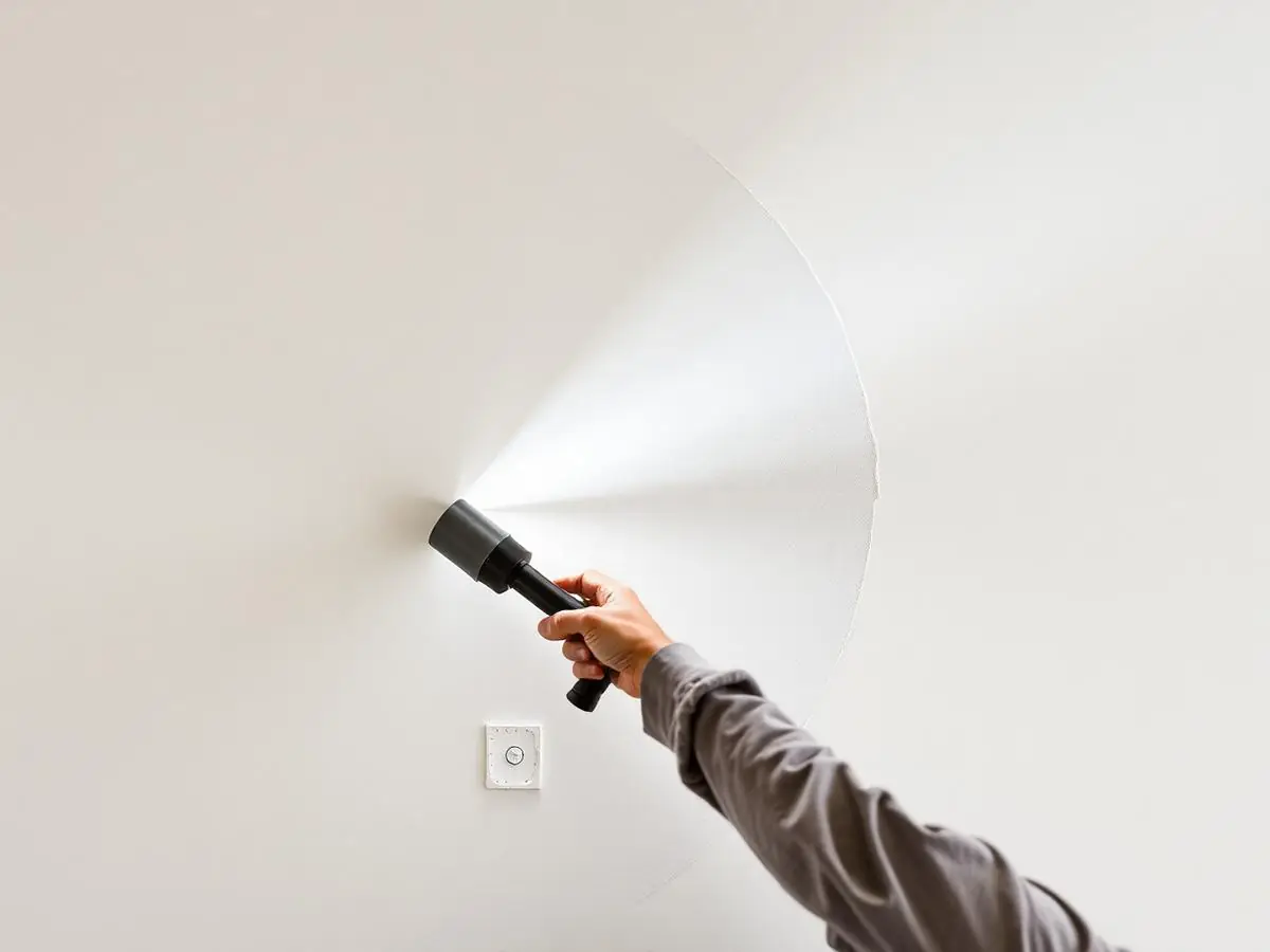 Lampe torche tenue à plat contre un mur blanc enduit, lumière rasante qui traque le moindre défaut