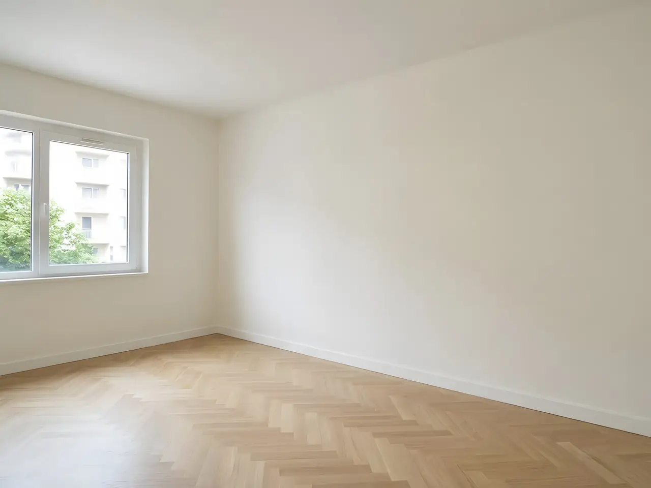 La même chambre au mur doublé, droit et blanc d'un angle à l'autre, parquet en chevrons au sol