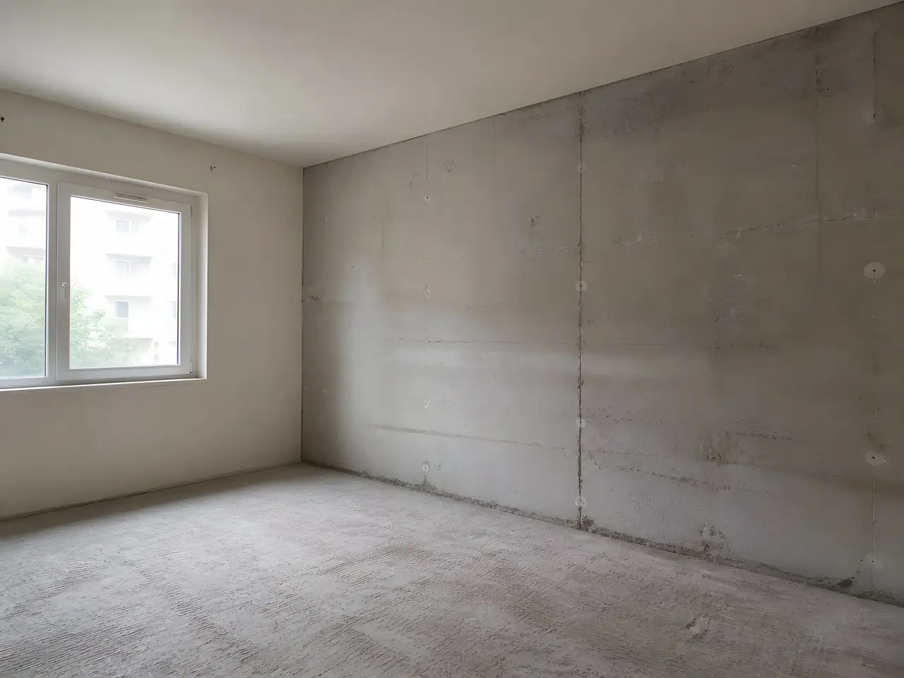 Chambre au mur de béton brut marqué par les coffrages, fenêtre blanche à gauche, sol encore nu