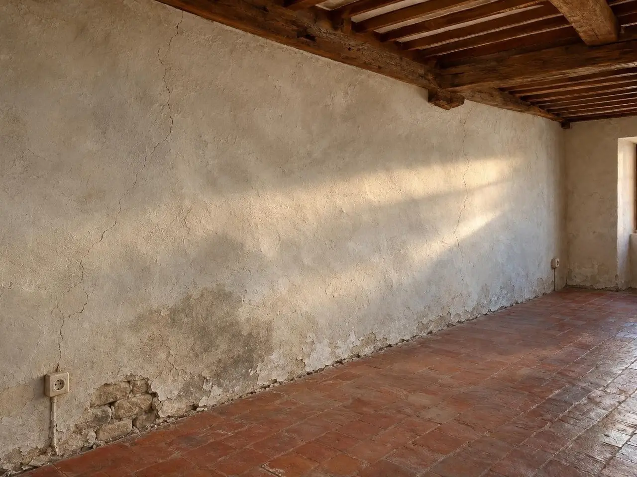 Long mur de séjour au vieil enduit à la chaux bosselé et fissuré, taché d'humidité, pierres apparentes au pied