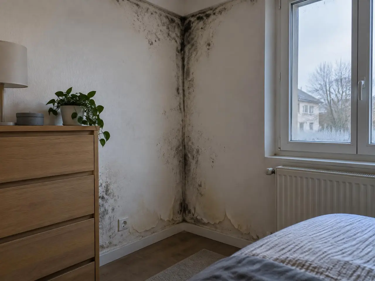 Coin de chambre noirci par la moisissure près de la fenêtre et du radiateur, papier peint décollé en bas du mur