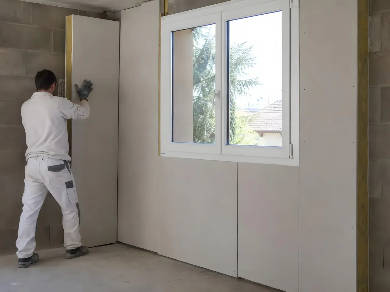 Plaquiste en tenue blanche qui plaque un panneau de doublage contre un mur en parpaings, autour d'une fenêtre blanche