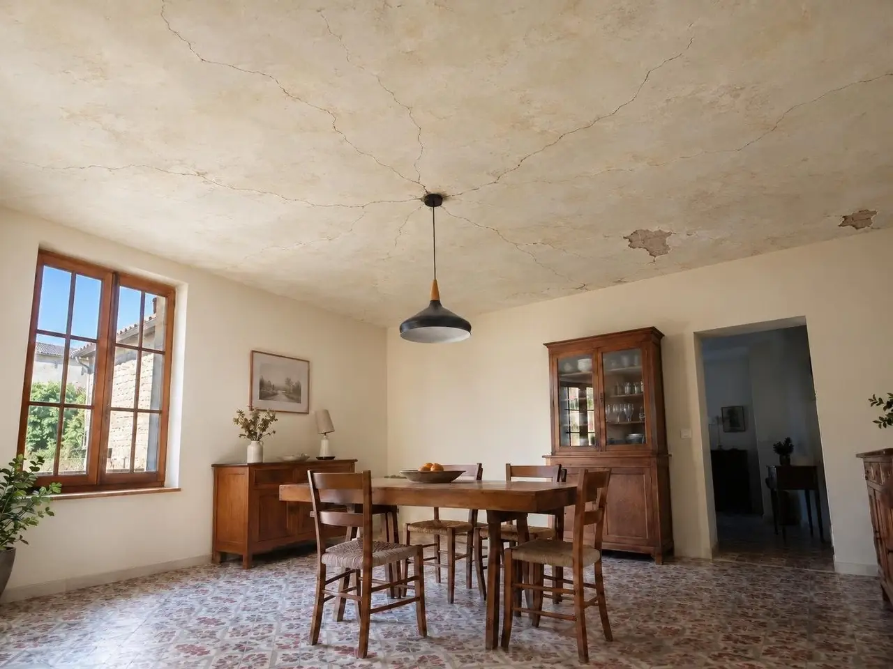 Salle à manger sous un vieux plafond en plâtre jauni, fendu en toile d'araignée autour de la suspension