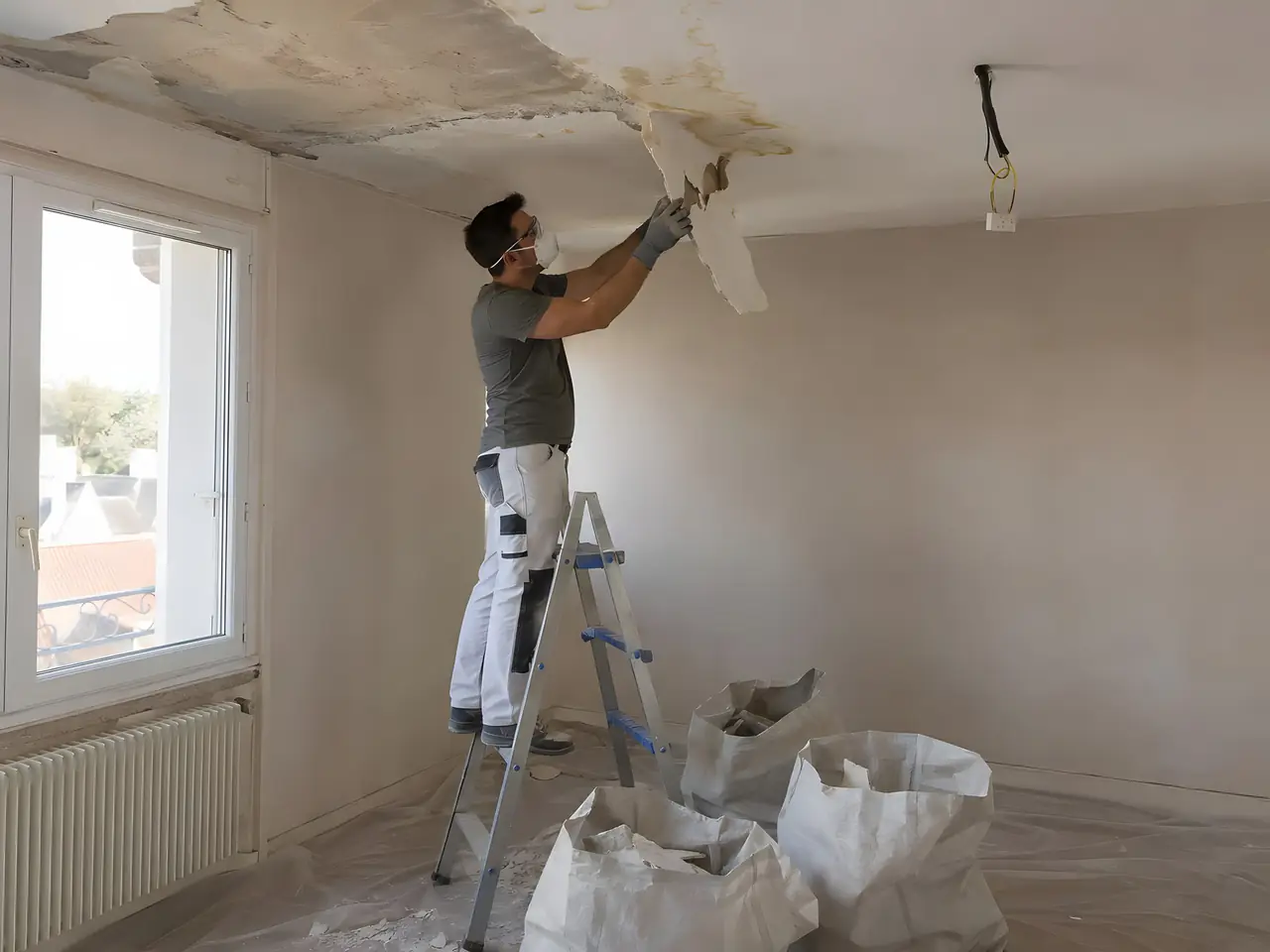 Artisan masqué sur un escabeau qui arrache un vieux plafond taché d'humidité, sacs de gravats sur le sol bâché