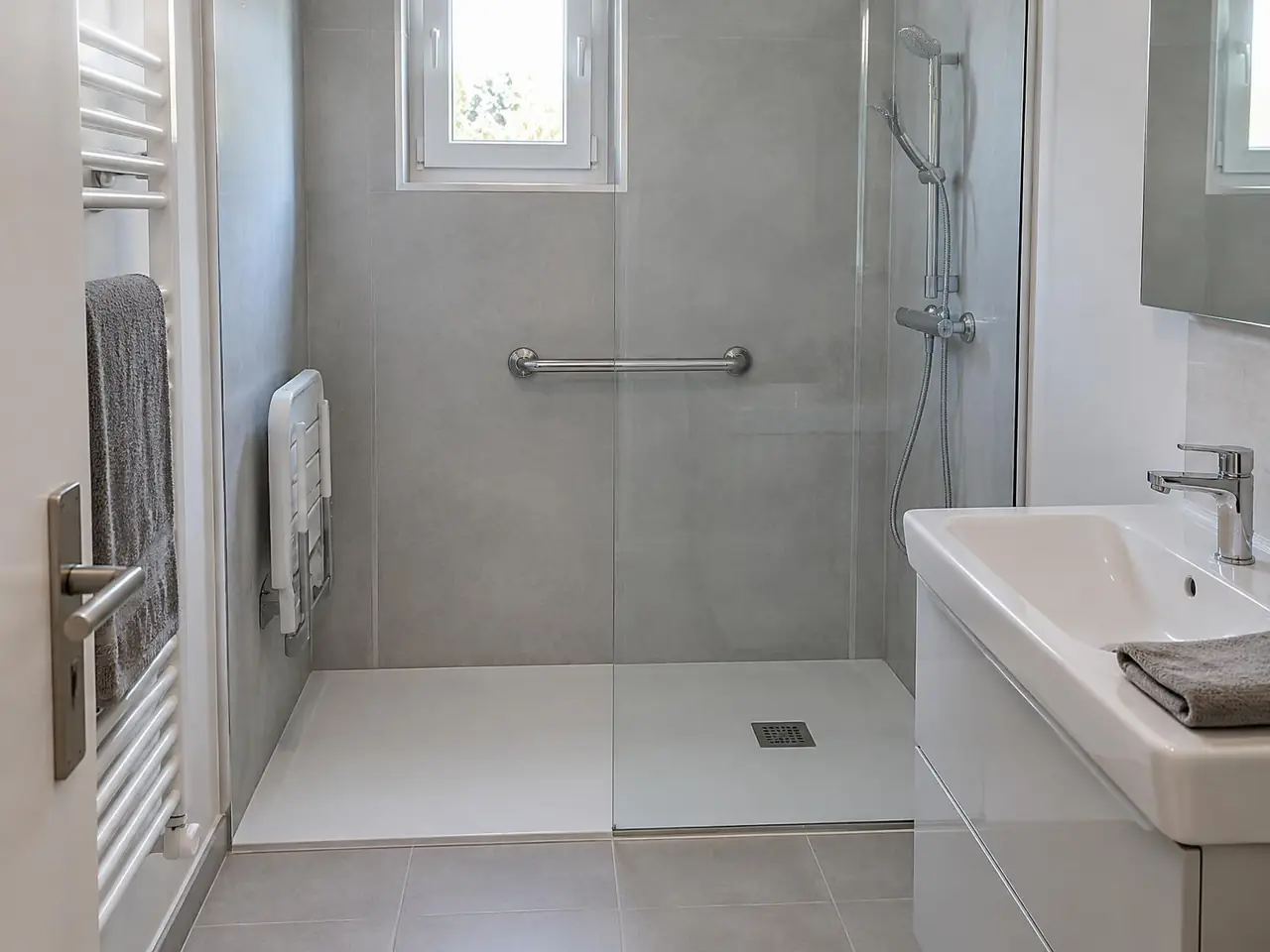La même pièce : douche de plain-pied, paroi vitrée, barre d’appui et siège rabattable.