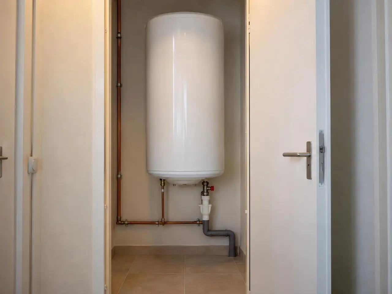 Chauffe-eau blanc neuf fixé au mur d'un placard, groupe de sécurité raccordé à l'évacuation, carrelage sec