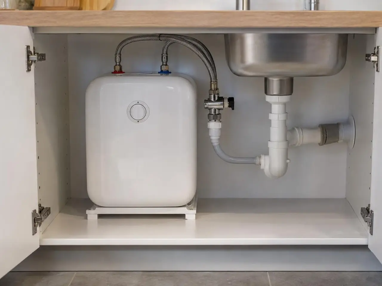 Petit chauffe-eau blanc neuf posé droit sur son support sous un évier inox, flexibles tressés raccordés
