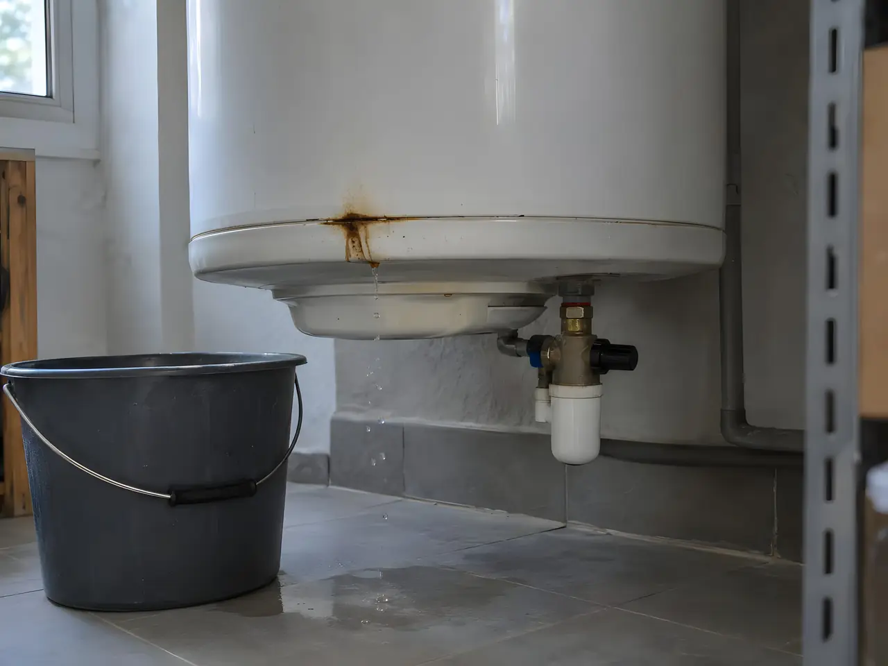 Bas d'un vieux chauffe-eau blanc taché de rouille qui goutte sur le carrelage, seau gris posé à côté