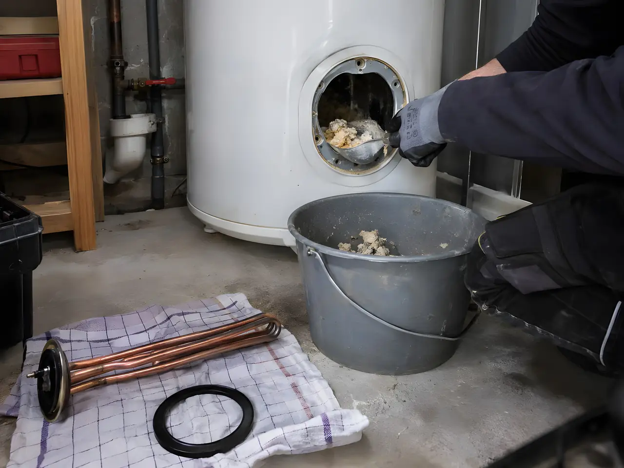 Main gantée qui retire le tartre d'un chauffe-eau ouvert par sa trappe, résistance et joint posés sur un torchon