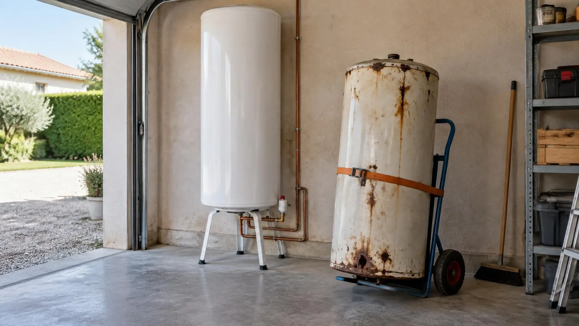 Cumulus blanc neuf posé sur son trépied dans un garage, l'ancien ballon rouillé sanglé sur un diable à côté