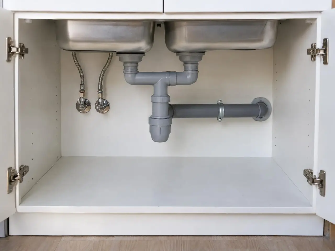 Sous un évier double, siphon gris neuf et tuyau d'évacuation droit jusqu'au mur, fond du meuble blanc dégagé