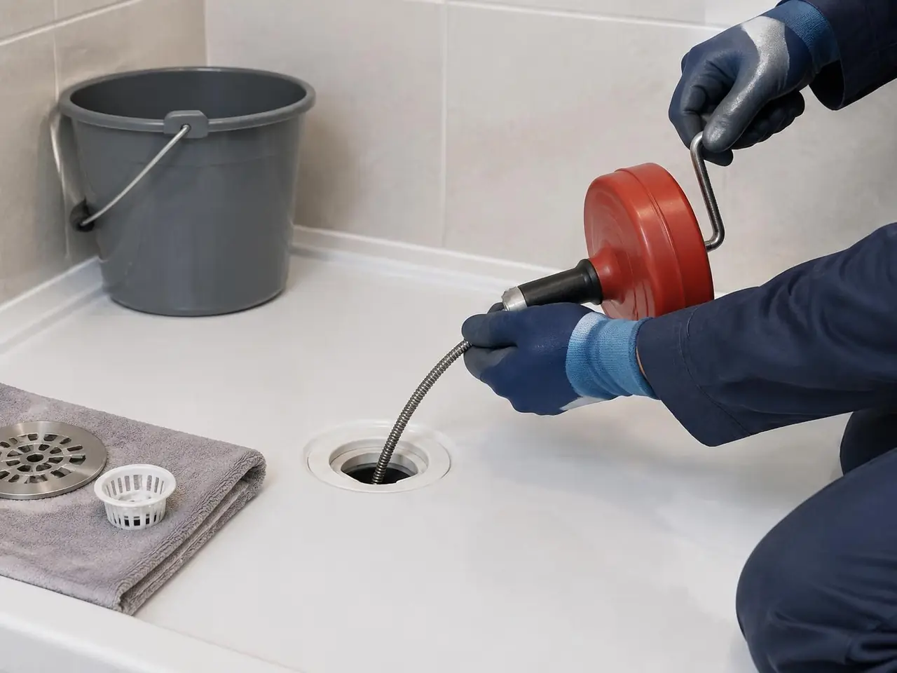 Plombier ganté passant un furet à manivelle dans la bonde d'un receveur de douche, grille posée sur une serviette