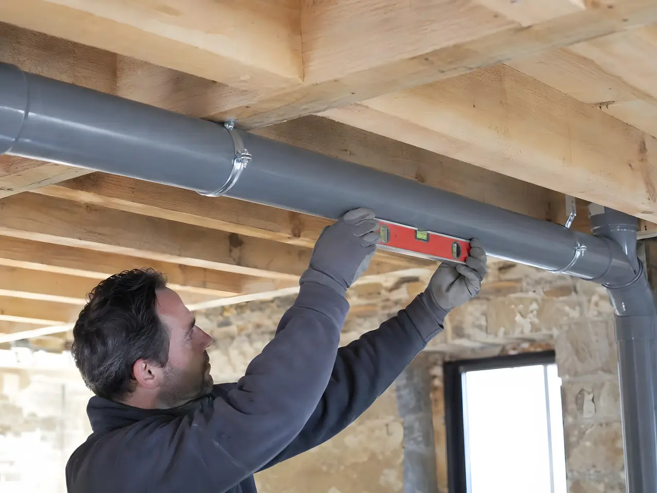 Plombier qui vérifie au niveau rouge la pente d'un tuyau d'évacuation gris fixé sous les solives d'un plancher